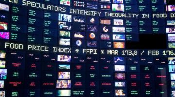 Stock market screen background showing commodity prices for food and trending information on the status of investors and the market